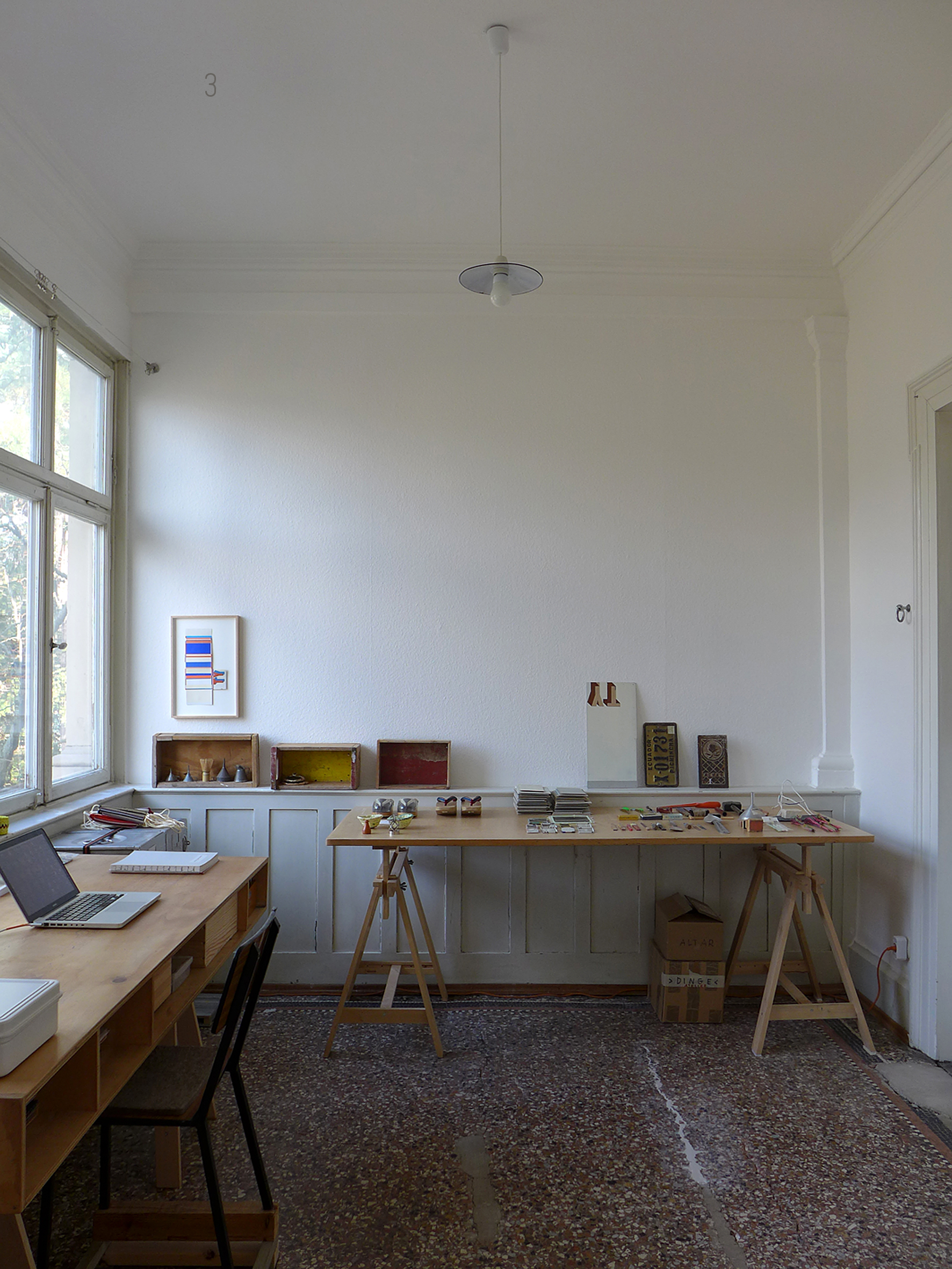 some objects from the artist's contemporary ethnographical collection of everyday objects in his studio